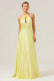 Vestido de dama de honor largo sin espalda corto con flor de línea A Line Halter