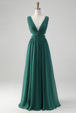 Vestido Largo de Dama de Honor en Verde Oscuro, de Chiffon con Cordones en la Espalda y Corte Tipo A