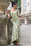 Vestido de Fiesta Verde con Corsé de Sirena y Estampado de Flores Grandes