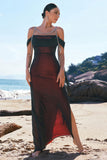 Vestido largo de dama de honor de sirena con hombros fríos y sirena rojo negro