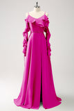 Fucsia Vestido de dama de Honor Largo Linea A en Gasa