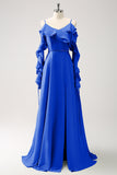 Azul Real Vestido de dama de Honor Largo Linea A en Gasa