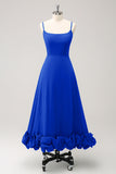 Azul Real Vestido de Dama de Honor Elegante con Tirantes Finos y Corte A Línea