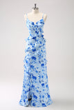 Azul Floral Vestido de Dama de Honor con Volantes