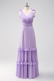 Lila Vestido de dama de Honor Largo Linea A en Gasa con Cuello V y Volantes