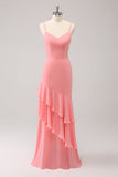 Vestido de Dama de Honor Rosa con Tirantes Finos y Volantes, Tipo Sirena