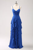 Azul Oscuro Vestido de Dama de Honor Tipo A con Tirantes Finos