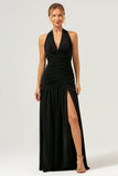 Vestido de dama de honor largo plisado sin espalda halter de sirena negro