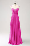 Fucsia Vestido de dama de Honor Largo con Escote Corazón