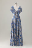 Vestido de dama de honor con estampado floral de terciopelo quemado con escote en V azul grisáceo
