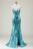 Vestido de fiesta largo con tirantes de espagueti azul sirena brillante con lentejuelas