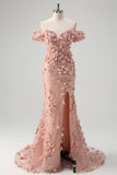 Vestido de fiesta largo con abertura de sirena con hombros descubiertos y flores en 3D