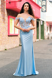 Azul Cielo Off The Shoulder Corsé de sirena Floral Vestido de Fiesta Largo con Flores 3D