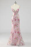 Vestido de fiesta de lentejuelas con tirantes finos estilo sirena rosa