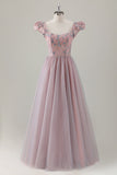 Vestido de fiesta largo de manga corta con flores en forma de A rosa gris
