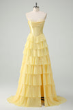Vestido de fiesta largo con volantes A Line Amarillo