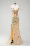Vestido largo de fiesta con corsé floral con corsé floral con abertura y champán brillante