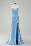 Vestido de fiesta azul claro con lentejuelas y corsé sin tirantes y corte sirena