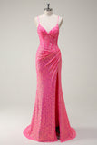 Vestido de fiesta de sirena con corsé de lentejuelas rosa intenso brillante con abertura