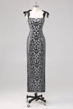 Vestido formal con correas de corbata de leopardo gris brillante