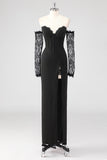 Corsé de vaina negro Vestido formal de encaje con hombros descubiertos y mangas largas