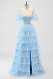 Azul cielo fuera del hombro Corsé escalonado A Line Vestido de dama de honor