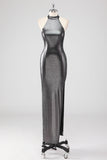 Vestido formal halter Shath gris plateado brillante con abertura