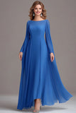 Tul Azul Manga Larga A Line Cuello Barco Madre De La Novia Vestido