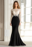 Top de encaje sirena blanco negro manga larga scoop vestido largo de satén de la madre de la novia
