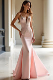 Vestido de fiesta de satén rosa sirena sin espalda con apliques de encaje