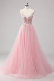 Vestido de fiesta largo de tul con tirantes de espagueti de línea A rosa con apliques de lentejuelas