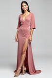 Vestido de invitada de boda largo con escote en V con espalda abierta y abertura