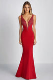 Vestido de fiesta largo rojo con escote en V y lentejuelas brillantes