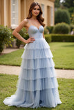 Vestido de fiesta largo con tirantes de espagueti azul claro brillante con lentejuelas