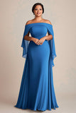 Vestido de la madre de la novia de gasa de talla azul con hombros descubiertos
