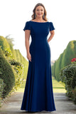 Vestido Largo Madre de la Novia con Manga Corta con Cuello Barco Azul Marino