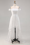 Vestido de novia boho de encaje blanco con hombros descubiertos