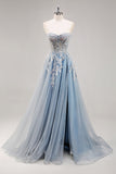 Vestido de fiesta Azul empolvado Una línea sin tirantes Corsé transparente con cuentas