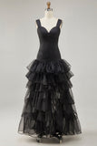 Vestido formal alto y bajo de organza negra de línea A con abertura de volantes