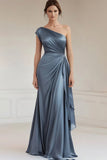 Vestido formal fruncido azul grisáceo de un hombro