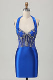 Vestido de satén sin espalda Bodycon azul real con pedrería