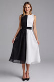 Vestido formal midi de gasa de línea A con cuello barco negro