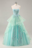 Vestido de fiesta largo sin tirantes A Line Green Corset con lentejuelas