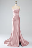 Vestido de fiesta largo con corsé plisado sin tirantes de sirena rosa rubor con abertura