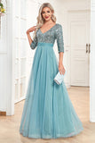 Blue Sparkly Sequin 3/4 Mangas A Line Prom Dress
