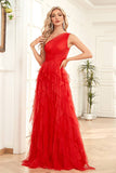 Vestido formal de tul rojo de tul de un hombro