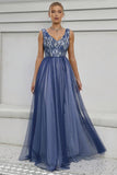 Vestido de fiesta largo azul con escote en V