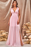 Vestido de fiesta rosa de línea A con abertura