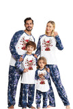 Azul conjunto de pijama familiar de manga larga con estampado navideño.