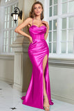 Vestido de fiesta largo de tirantes de espagueti de sirena fucsia con abertura